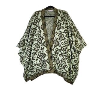 Denim & Co Women's Missy Green Jacquard Open Front Poncho Cardigan OS Aztec